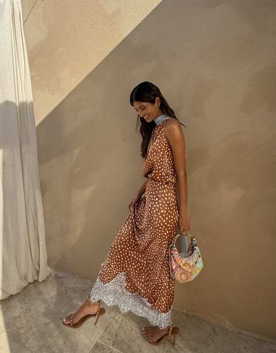 Never Fully Dressed Never Fully Dressed Fawn satin lace trim hem maxi skirt in brown deer print - part of a set