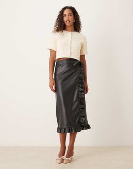 Never Fully Dressed Never Fully Dressed Jaspre PU ruffle midi skirt in black