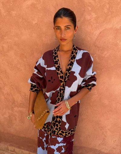 Never Fully Dressed Never Fully Dressed Kirsty v neck button down long line knit cardigan in leopard print-Multi