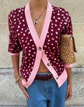 Never Fully Dressed Never Fully Dressed knit contrast trim cardigan in burgundy and pink deer print-Multi