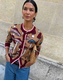 Never Fully Dressed Never Fully Dressed knit crew neck cardigan in mushroom print-Multi