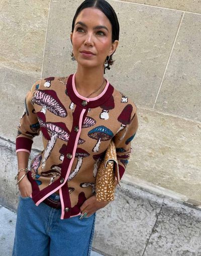Never Fully Dressed Never Fully Dressed knit crew neck cardigan in mushroom print-Multi