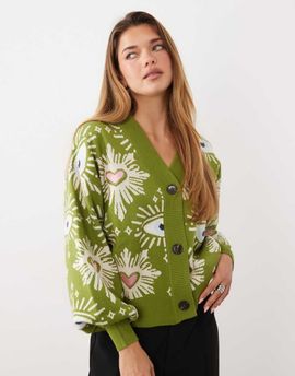 Never Fully Dressed Never Fully Dressed knit v-neck rhinestone detailing cardigan in green heart print