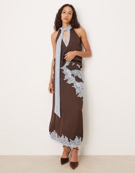 Never Fully Dressed Never Fully Dressed lace trim satin maxi skirt in chocolate - part of a set-Brown