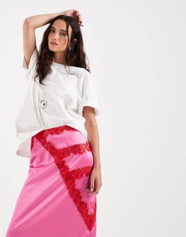 Never Fully Dressed Never Fully Dressed lace trim satin maxi skirt in pink and red - part of a set