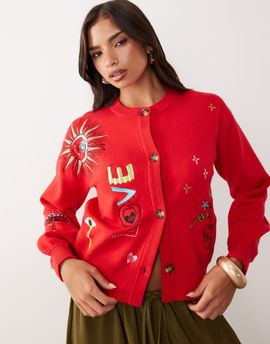 Never Fully Dressed Never Fully Dressed long sleeve button down knit embroidered cardigan in red