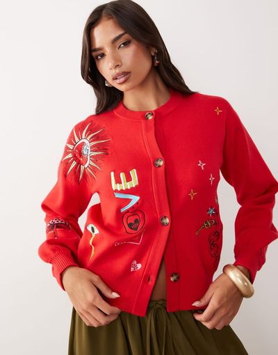 Never Fully Dressed Never Fully Dressed long sleeve button down knit embroidered cardigan in red
