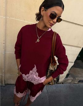 Never Fully Dressed Never Fully Dressed long sleeve lace hem detail knit sweater in burgundy-Red