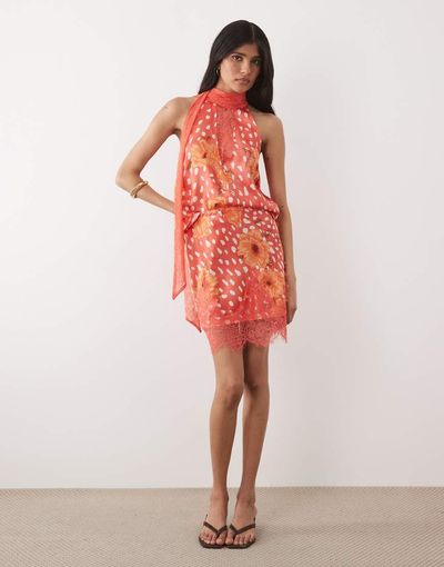 Never Fully Dressed Never Fully Dressed Maeva bias cut lace trim satin mini skirt in red print - part of a set