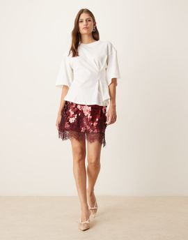 Never Fully Dressed Never Fully Dressed Maeva mini skirt in large sequin in burgundy with lace trim-Red