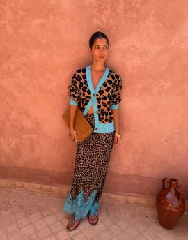 Never Fully Dressed Never Fully Dressed Maeva satin bias maxi skirt with lace detail in leopard print-Multi