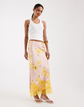 Never Fully Dressed Never Fully Dressed Maeva satin maxi skirt with lace trim hem in pink spot floral-Yellow