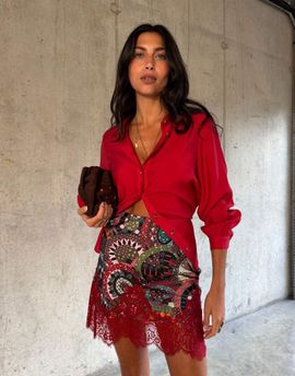 Never Fully Dressed Never Fully Dressed Maeva satin mini skirt with lace trim in tile print-Multi