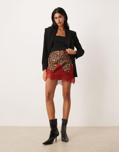 Never Fully Dressed Never Fully Dressed Maeva satin red lace trim mini skirt in cherry leopard print-Multi