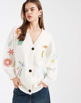 Never Fully Dressed Never Fully Dressed Martha knit embroidered longline button down cardigan in cream-White