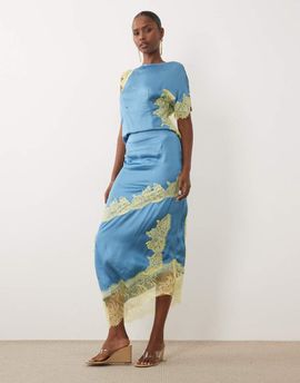 Never Fully Dressed Never Fully Dressed Millie satin high rise asymmetric hem lace detail maxi skirt in blue - part of a set