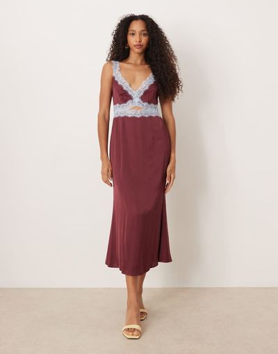 Never Fully Dressed Never Fully Dressed Mimi contrast lace trim satin midaxi dress in burgundy-Purple