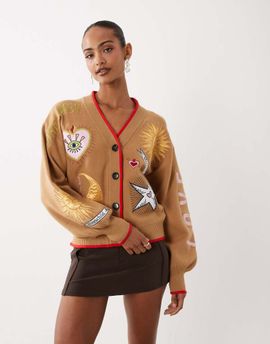 Never Fully Dressed Never Fully Dressed Mystical embroidered contrast edge cardigan in camel-Neutral
