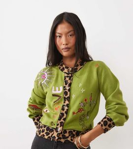 Never Fully Dressed Never Fully Dressed Petite knit contrast embroidered cardigan in olive-Green