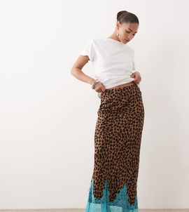 Never Fully Dressed Never Fully Dressed Petite Maeva satin bias maxi skirt with lace detail in leopard print-Multi