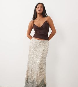 Never Fully Dressed Never Fully Dressed Petite Maeva sequin lace detail midi skirt in silver