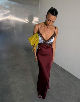 Never Fully Dressed Never Fully Dressed satin bias cami two tone lace detail maxi dress in burgundy and pale blue-RED