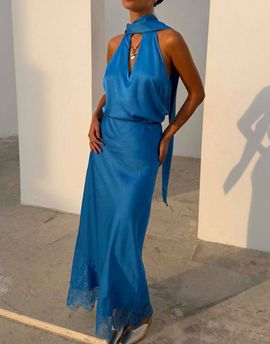Never Fully Dressed Never Fully Dressed satin high rise lace hem maxi skirt in blue - part of a set