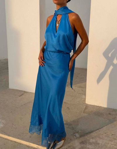 Never Fully Dressed Never Fully Dressed satin high rise lace hem maxi skirt in blue - part of a set