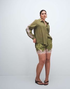 Never Fully Dressed Never Fully Dressed satin lace hem detail shorts in olive - part of a set-Green
