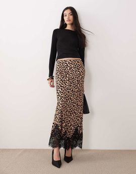 Never Fully Dressed Never Fully Dressed satin midi skirt with lace trim hem in leopard print-Multi