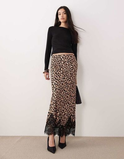 Never Fully Dressed Never Fully Dressed satin midi skirt with lace trim hem in leopard print-Multi