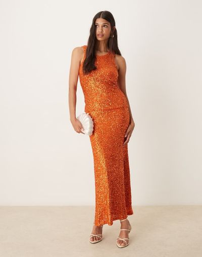 Never Fully Dressed Never Fully Dressed sequin maxi skirt in rust - part of a set-Orange