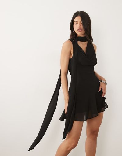 black mini dress with neck scarf Never Fully Dressed collection:geneva-dresses Perfect for nights out Gothic Black Dresses Womens dresses Color:White N Black Polka Dot