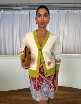 Never Fully Dressed Never Fully Dressed V-neck button down embroidered knit cardigan in cream and green-Multi