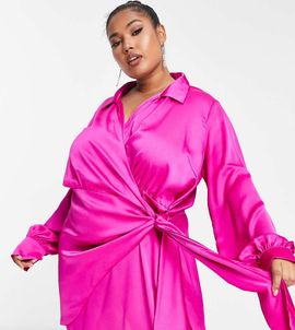 Never Fully Dressed Plus Never Fully Dressed Plus satin wrap mini dress in fuchsia pink