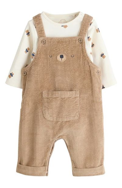 NEXT NEXT Bear Long Sleeve Bodysuit & Corduroy Overalls Set
