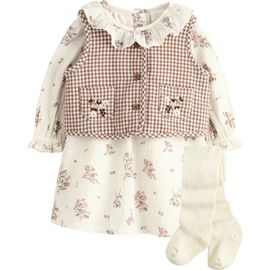 NEXT NEXT Kids' 3-Piece Floral Dress, Gingham Gilet & Tights Set