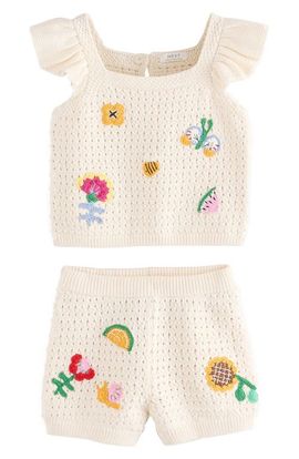 NEXT NEXT Kids' Crochet Appliqué Open Stitch Cotton Top & Shorts Set