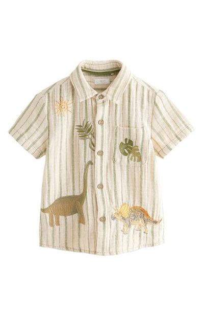 NEXT NEXT Kids' Dino Embroidered Stripe Short Sleeve Button-Up Shirt