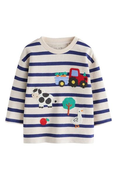 NEXT NEXT Kids' Farm Appliqué Stripe Cotton Shirt