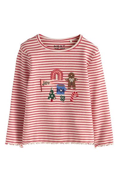 NEXT NEXT Kids' Festive Rib Long Sleeve Stretch Cotton Top