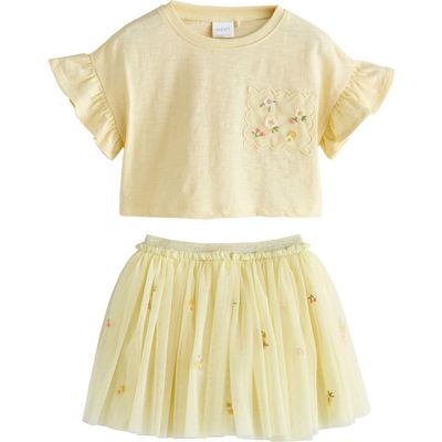NEXT NEXT Kids' Flower Embroidered Ruffle Sleeve Shirt & Tulle Skirt Set