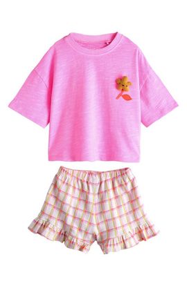NEXT NEXT Kids' Plush Flower Appliqué T-Shirt & Check Shorts Set