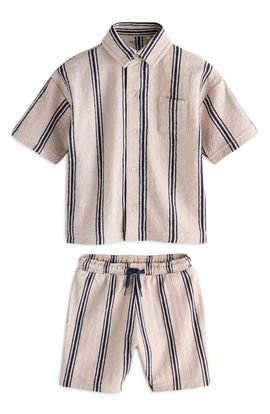 NEXT NEXT Kids' Stripe Knit Short Sleeve Cotton Button-Up Shirt & Drawstring Shorts Set