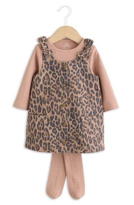 NEXT NEXT Leopard Denim Pinafore Dress, Ribbed Bodysuit & Tights Set