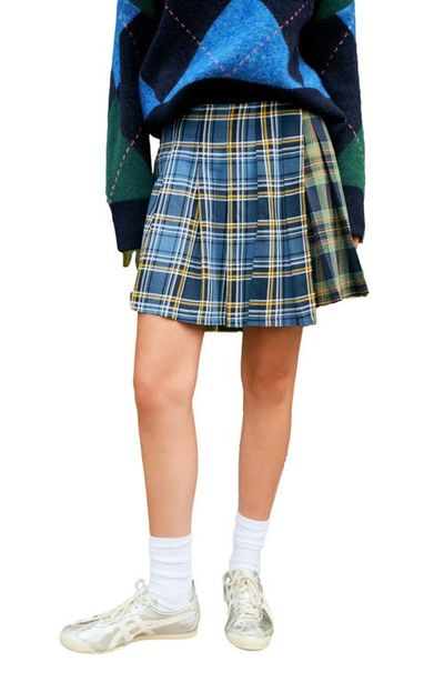 NEXT NEXT Mixed Plaid Pleated Cotton Faux Wrap Miniskirt
