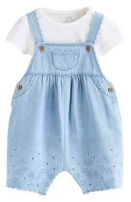 NEXT NEXT Pointelle T-Shirt & Eyelet Denim Overalls Set