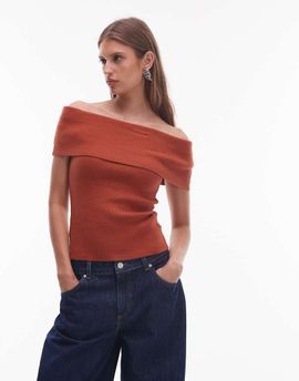 Nia NIA Annemarie off the shoulder knit sweater in rust-Orange