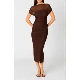 Nia Nia Aria Ruched Off the Shoulder Mesh Midi Dress