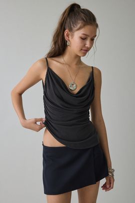 NIA NIA Luz Asymmetric Plunging Cowl Neck Cami in Black, Women's at Urban Outfitters